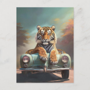 Cartão Postal Tigre sentado num carro desportivo vintage