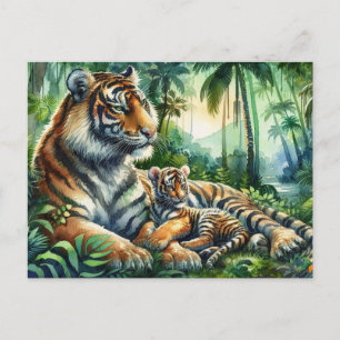 Cartão Postal Tigres em uma Pintura de Aquarela Lush
