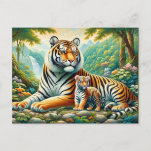 Cartão Postal Tigres em uma pintura de paraíso na selva