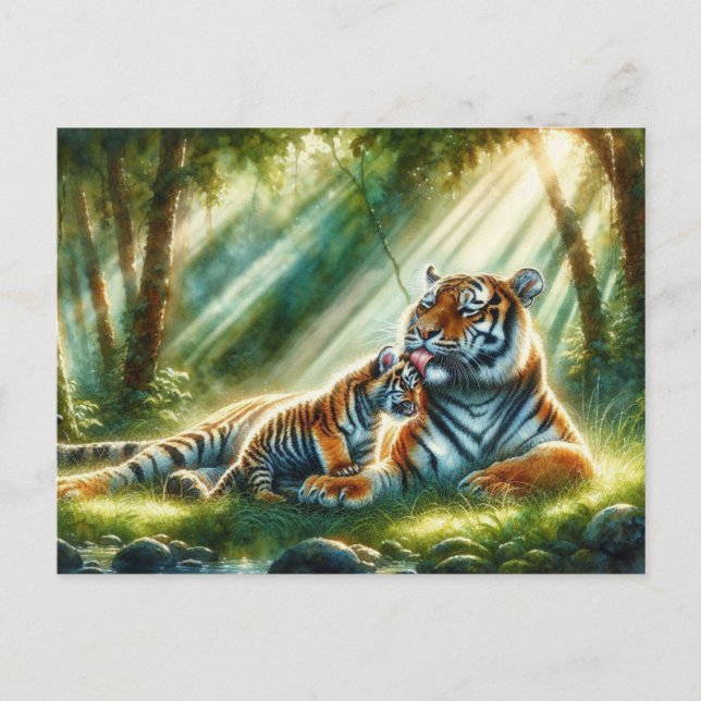Cartão Postal Tigres na Pintura da Floresta Ensolarada (Frente)