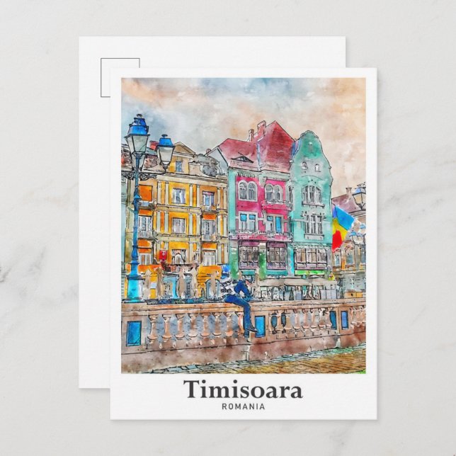 Cartão Postal Timisoara Romênia Viagem Watercolor (Frente/Verso)
