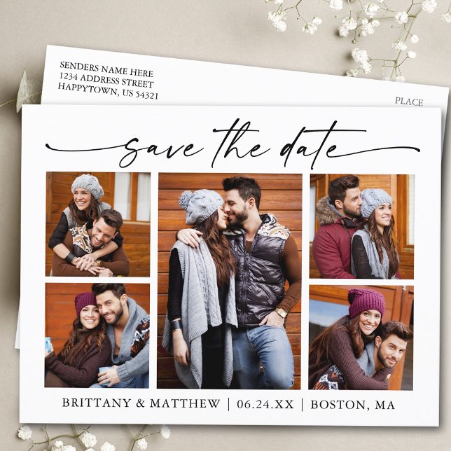 Cartão Postal Tinta Moderna 5 Fotografias Salvem A Data (Customize to change your personalized text size or text style.)