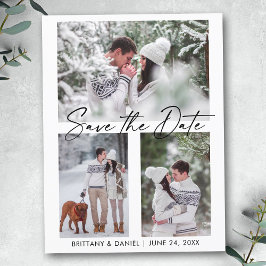 Cartão Postal Tinta Moderna de Caligrafia 3 Fotos Salvem a Data