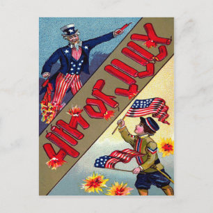 Cartão Postal Tio Sam Infantil Bandeira Americana Fogos de Artif
