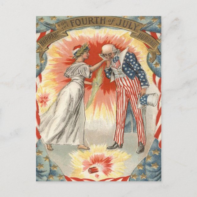 Cartão Postal Tio Sam Lady Liberty USA Flag Fireworks (Frente)