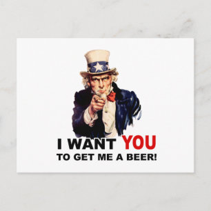 Cartão Postal Tio Sam QUERO QUE VOCÊ ME PEGUE UMA CERVEJA
