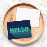 Cartão Postal Tipografia de Alô Azul e Aqua, Marinho Moderno<br><div class="desc">Mande um alô para a família e amigos com este cartão azul colorido de marinho com um design moderno abstrato de um aqua e sombra teal "Olá" com um longo gradiente de sombra. *Observe que a Marca d'água do Zazzle que aparece na visualização de zoom NÃO aparecerá no produto impresso...</div>
