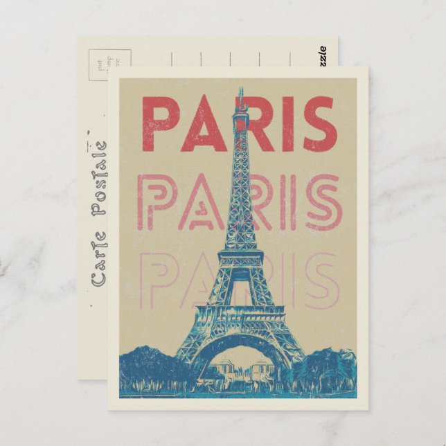 Cartão Postal Tipografia em Paris, França e torre Eiffel (Frente/Verso)