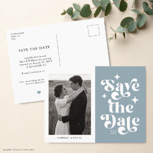 Cartão Postal Tipografia Retro Azul para Casamento Save The Date
