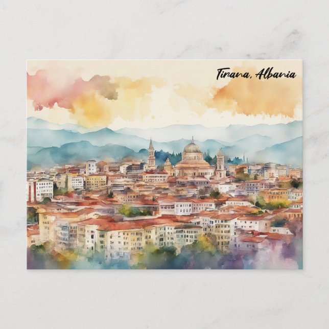 Cartão Postal Tirana Albânia Watercolor Painting Panorama View (Frente)
