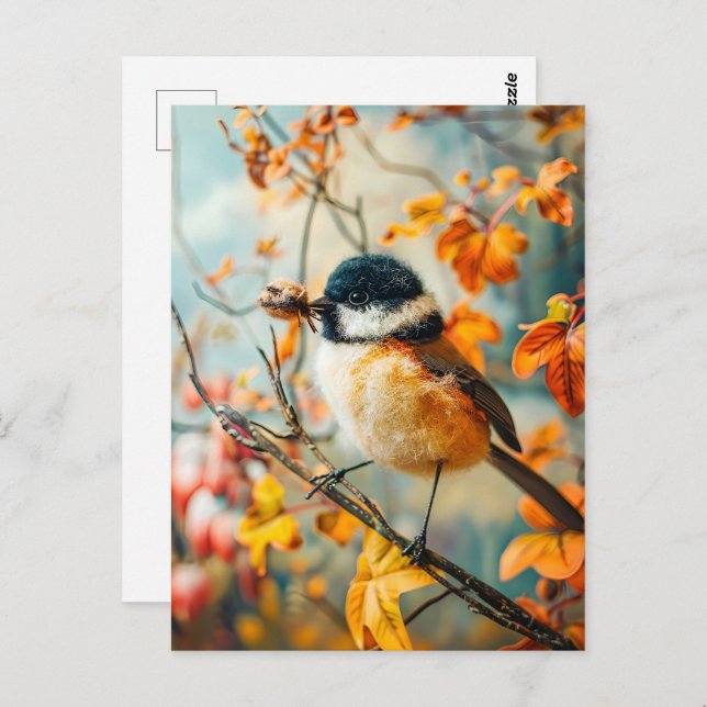 Cartão Postal Tit de feltro com lagartas no outono de Bush (Frente/Verso)