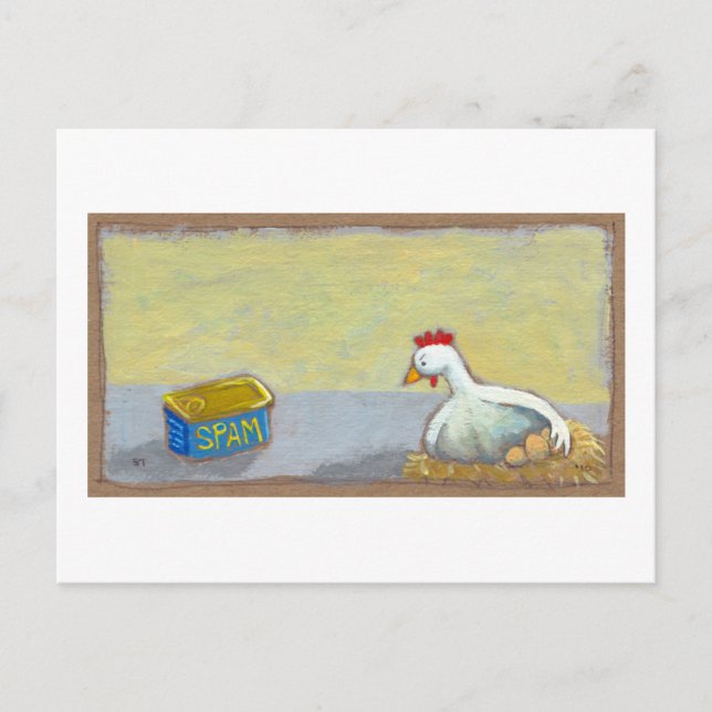 Cartão Postal Titled: Spam and Eggs - fun breakfast art chicken (Frente)