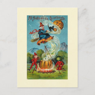 Cartão Postal Toda a Saudação de Halloween Bruxa Voadora