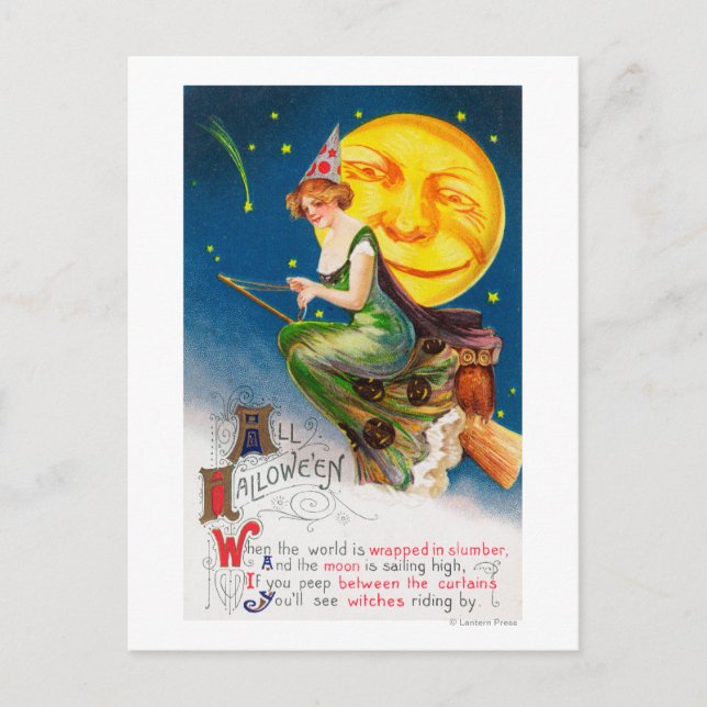 Cartão Postal Toda Bruxa de Halloween em uma Lua Cheia (Frente)