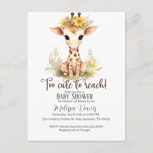 Cartão Postal Too Cute to Reach Giraffe Baby Shower Invitation (Frente)