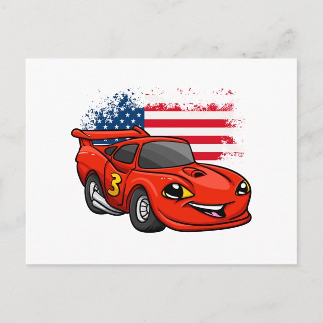 Cartão Postal Toque de bandeira americano do carro vermelho - Es (Frente)