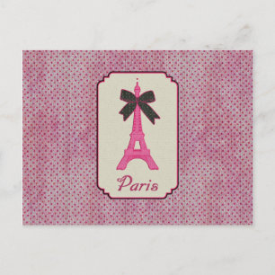 Cartão Postal Torre e Arco Eiffel, cor-de-rosa e Bolinhas preta,