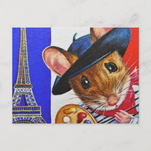 Cartão Postal Torre Eiffel Arte Aquarela Rato Artista França