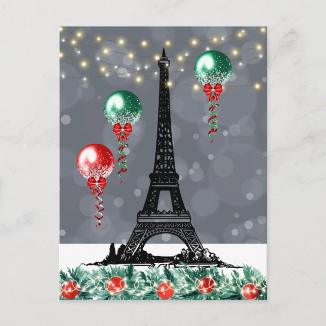 Cartão Postal Torre Eiffel de inverno, Balões de Natal à noite (Frente)