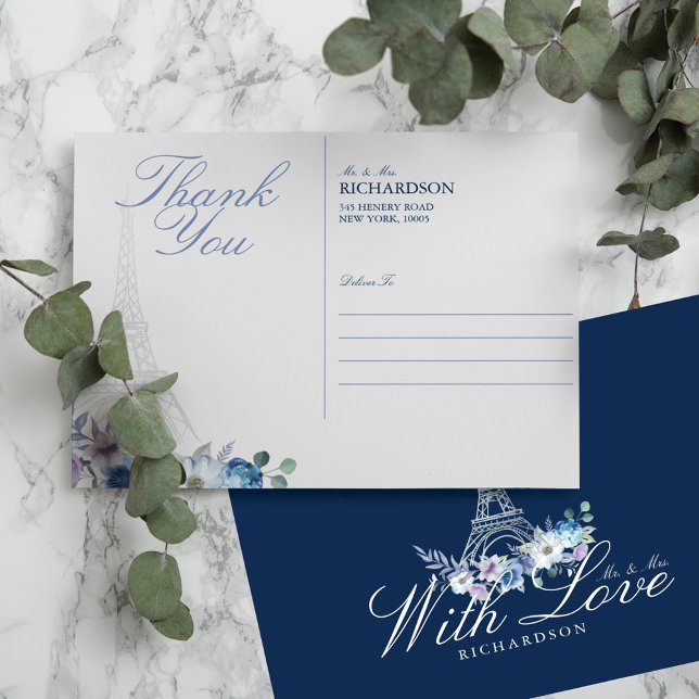 Cartão Postal Torre Eiffel de Paris Aquarela Floral Casamento Az (Criador carregado)