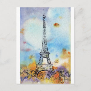 Cartão Postal Torre Eiffel de Paris Outono Aquarela