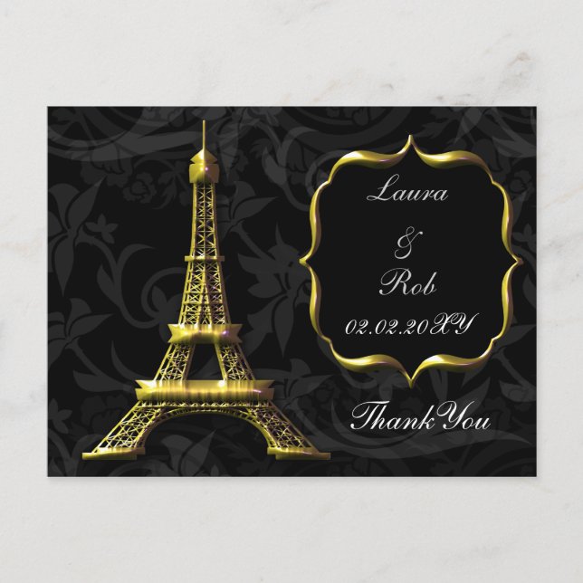 Cartão Postal Torre Eiffel dourada Agradecimento de Casamento Fr (Frente)