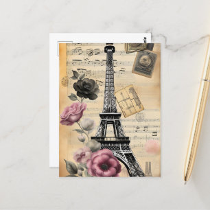 Cartão Postal Torre Eiffel em sépia vintage & flores cor-de-rosa