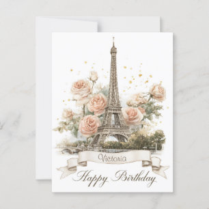 Cartão Postal Torre Eiffel "Feliz Aniversário" com Nome Personal