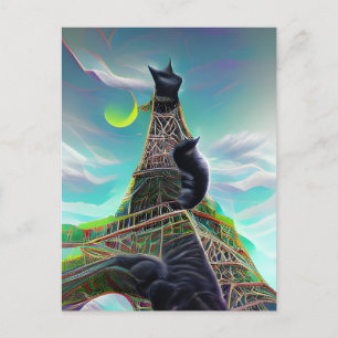 Cartão Postal Torre Eiffel Gato Preto Surreal Crepúsculo Paris L