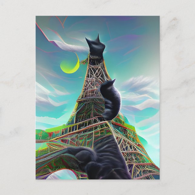 Cartão Postal Torre Eiffel Gato Preto Surreal Crepúsculo Paris L (Frente)