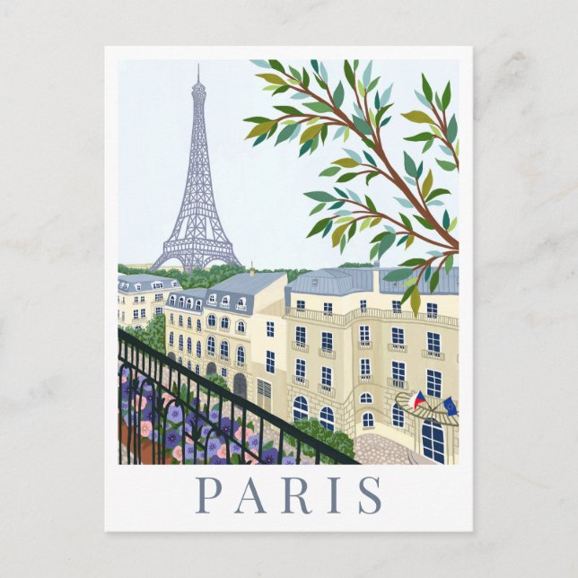 Cartão Postal Torre Eiffel Paris França Ilustração de Viagem (Frente)