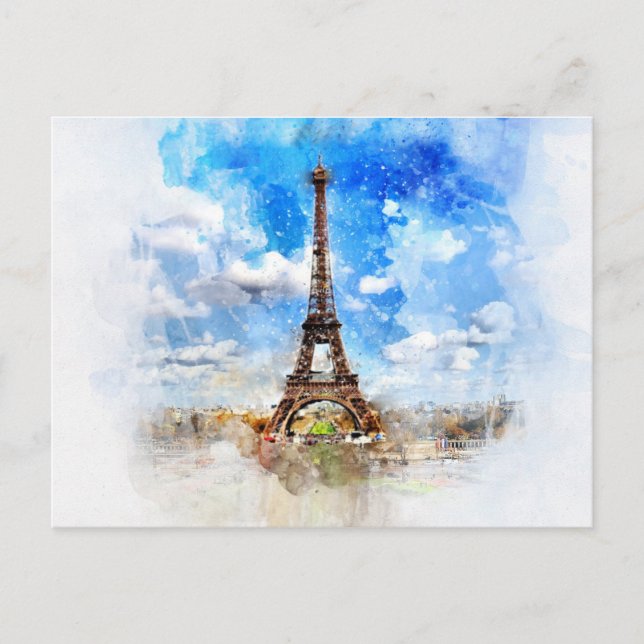 Cartão Postal Torre Eiffel Paris França Postcard Aquarela (Frente)