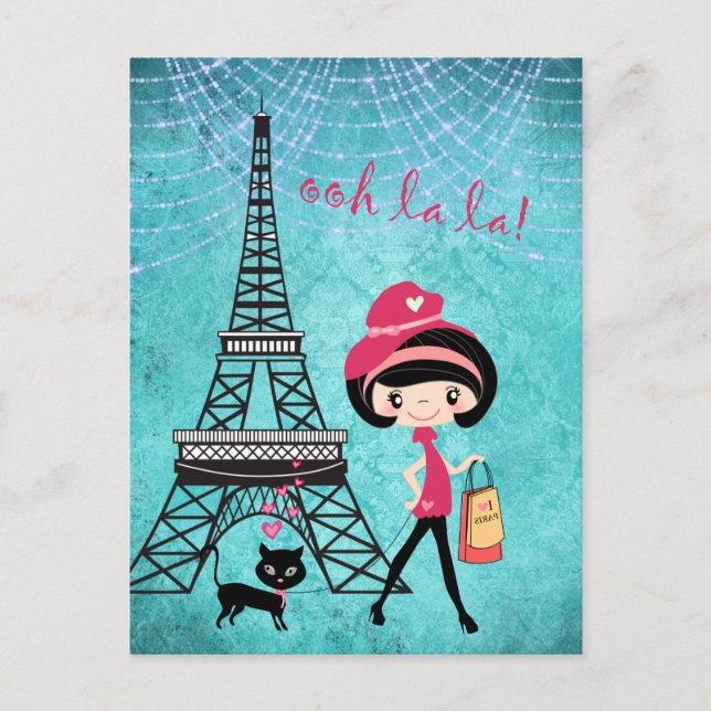 Cartão Postal Torre Eiffel Paris Girl and Cat Blue Damask (Frente)