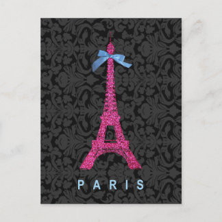 Cartão Postal Torre Eiffel rosa quente com brilho sujo