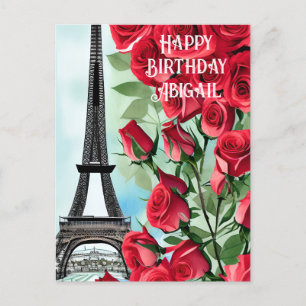 Cartão Postal Torre Eiffel Rosas Vermelhas Românticas Feliz Aniv