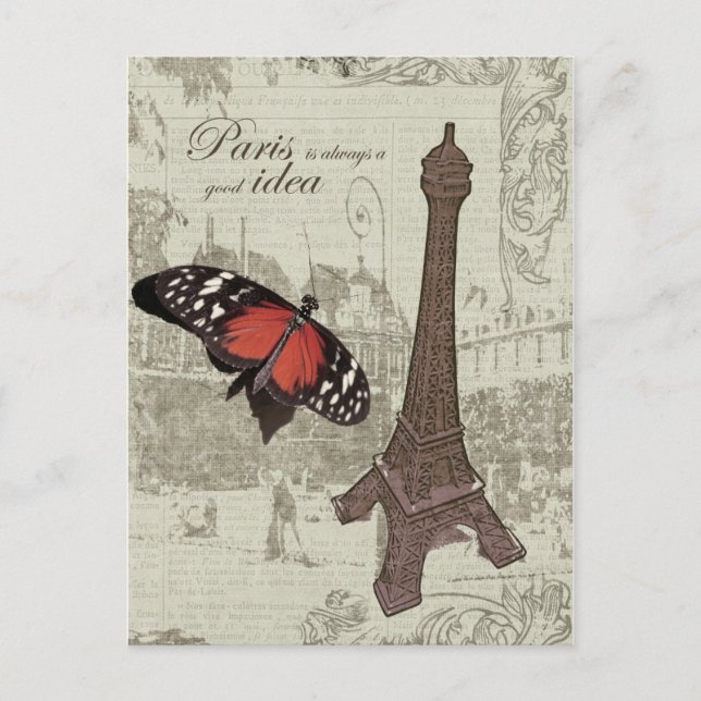 Cartão Postal Torre Eiffel, rua Paris e borboleta (Frente)