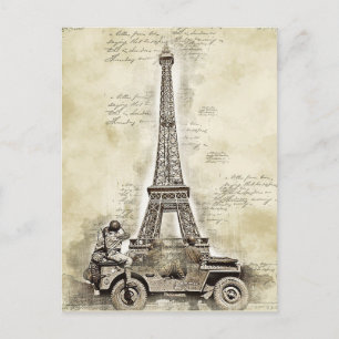 Cartão Postal Torre Eiffel Vintage Paris França com Militar 
