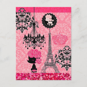 Cartão Postal Torre Girly Eiffel Francesa, Torre Puppy & Damask 