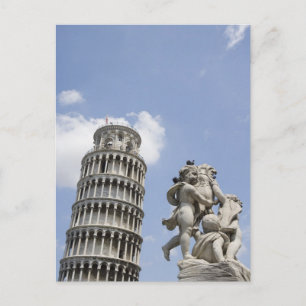 Cartão Postal Torre inclinada de Pisa e Estátua, Itália