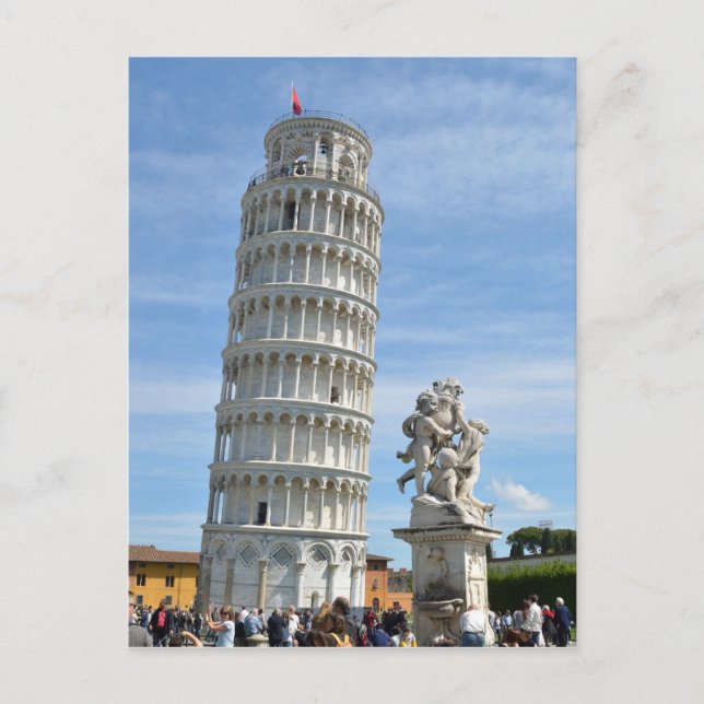 Cartão Postal Torre inclinada e estátua La Fontana dei Putti, Pi (Frente)