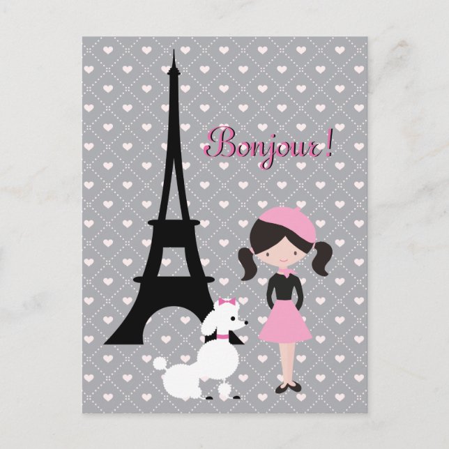Cartão Postal Torre La Eiffel, Poodle e Menina Paris (Frente)