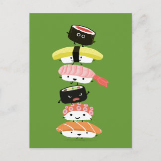 Cartão Postal Torre Sushi - Uma Pilha Feliz de Amigos Sushi