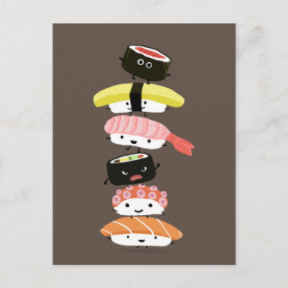 Cartão Postal Torre Sushi - Uma Pilha Feliz de Amigos Sushi