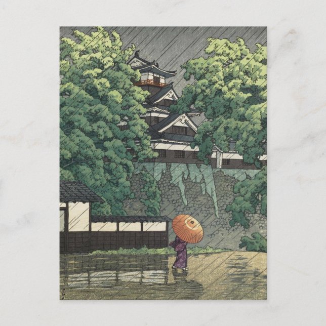 Cartão Postal Torre Udo, Castelo Kumamoto na Chuva - Kawase Hasu (Frente)