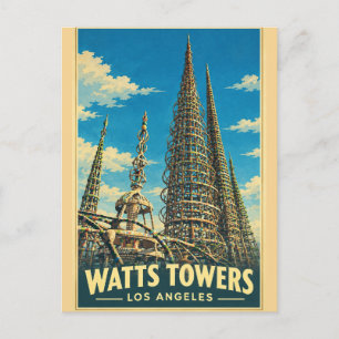 Cartão Postal Torres Watts Los Angeles Viagem Antiga Califórnia
