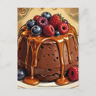 Cartão Postal Torta de Chocolate Caramel Decadente com Frutas Ve