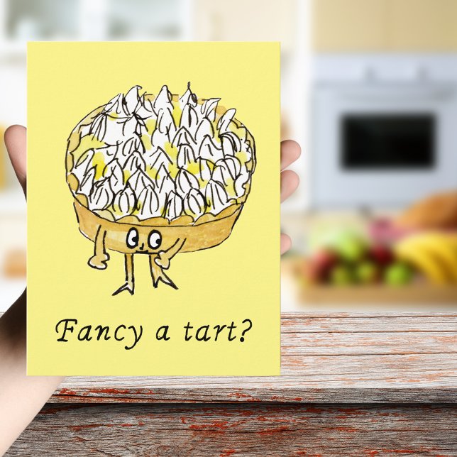 Cartão Postal Torta de Limão com Merengue Arte Excêntrica e Dive (Fancy a tart quote funny lemon meringue pie cartoon watercolor art greetings postcard for cake lover)