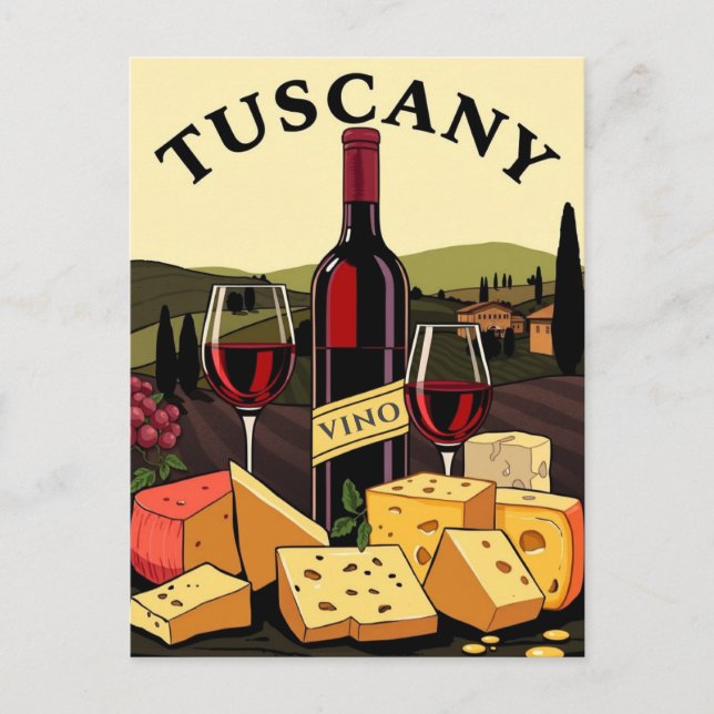 Cartão Postal Toscana Itália Vinho e Queijo Viagem de Arte Culin (Frente)