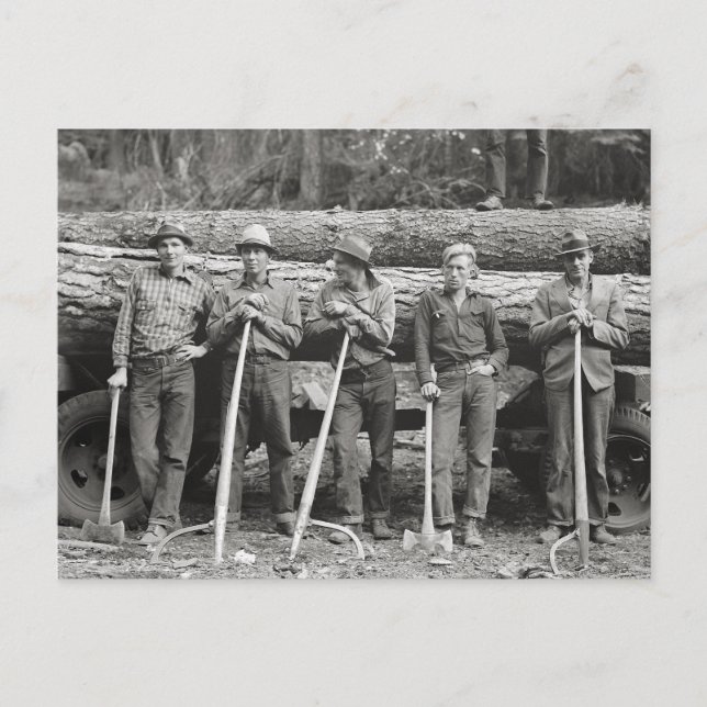 Cartão Postal Trabalhadores de serraria em Idaho, 1939 (Frente)