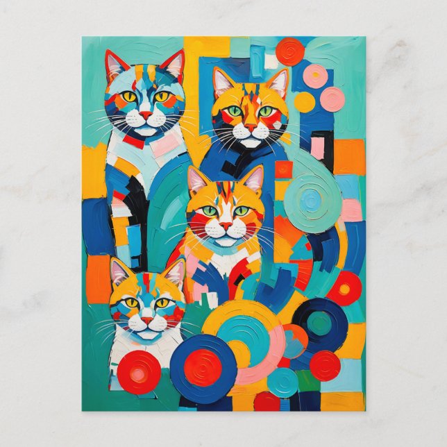 Cartão Postal Trabalho de arte de Gatos Cubistas Coloridos (Frente)